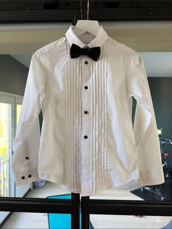 Boys Calvin Klein White Pleated Tuxedo Shirt with Black Buttons and Bow Tie