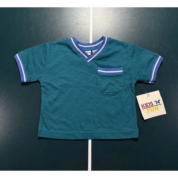 VTG 90s Striped Pocket T Shirt Size 18 Month Toddler Green Blue Deadstock NOS