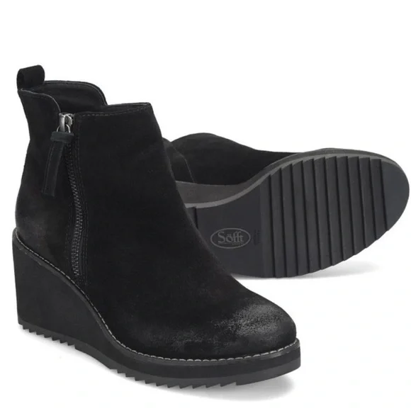 Sofft Black Suede Emeline Ankle Boots Waterproof Wedge Booties New US 7.5
