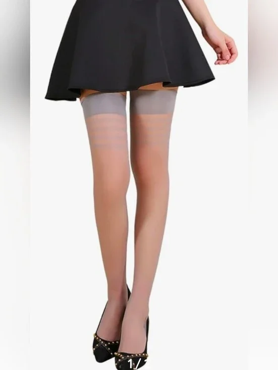 Womens Stripe Top Thigh High Anti-Slip Silicone Stay Up Sheer Stockings.