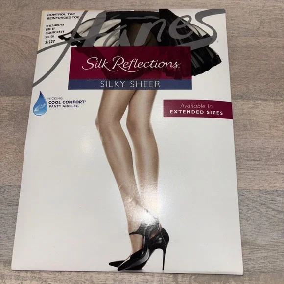 Hanes Silk Reflections Silky Sheer Control Top Reinforced Toe Sz EF Classic Navy