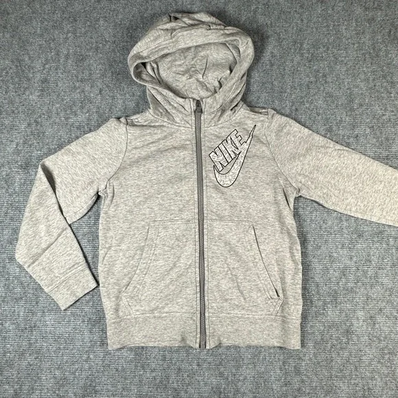 Nike Kids Full Zip Hoodie Heather Grey Swoosh Graphic Sweatshirt Size Small