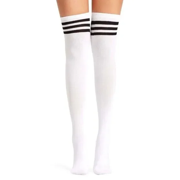 White Stripes Black Topper Tall Knee Socks NEW