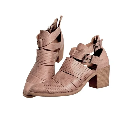 Qupid boho Mauve Taupe Faux Suede Caged Ankle Booties Block Heel 9 western