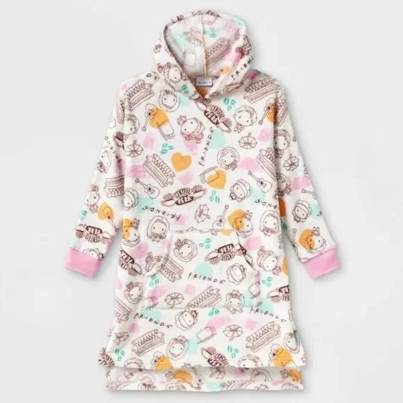 Girls Robe Friends Fuzzy Oversized Sleep Shirt With Pocket & Hood NWT SZ 12 L