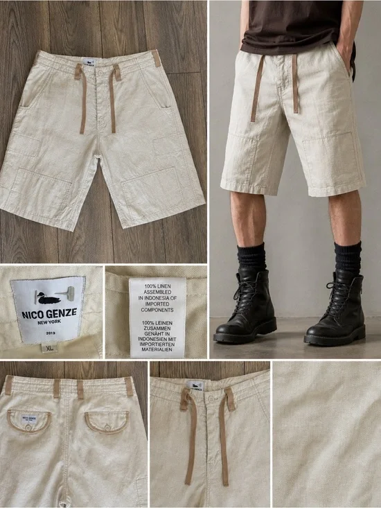 NICO GENZE New York 100% Linen Avant Garde Cargo Shorts XL tan Artisanal”