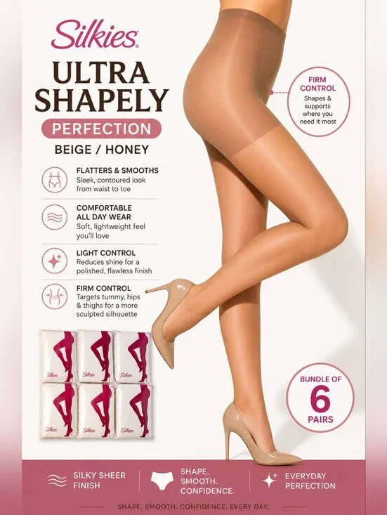 Silkies Ultra Shapely Perfection Pantyhose Bundle of 6 Beige/Honey
