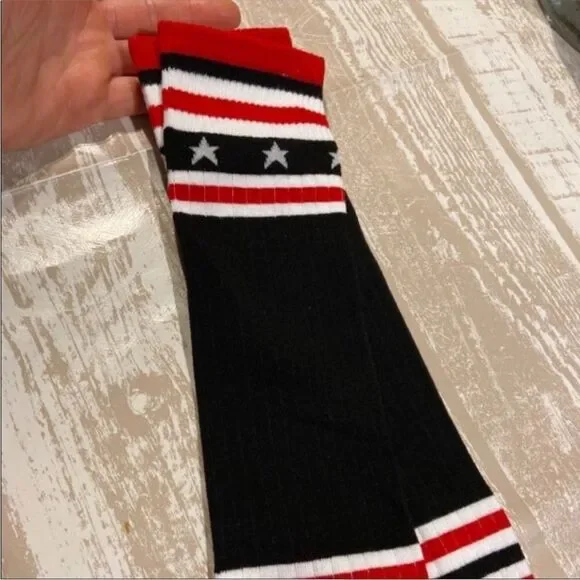 Black Red White Star Topper Tall Cotton Socks NEW