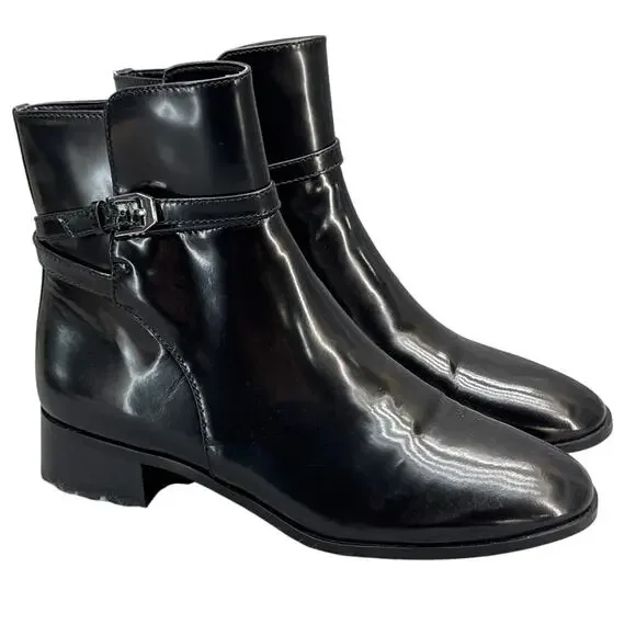Ann Taylor Black Patent Leather Side Zip Wraparound Buckle Ankle Boot Women 10