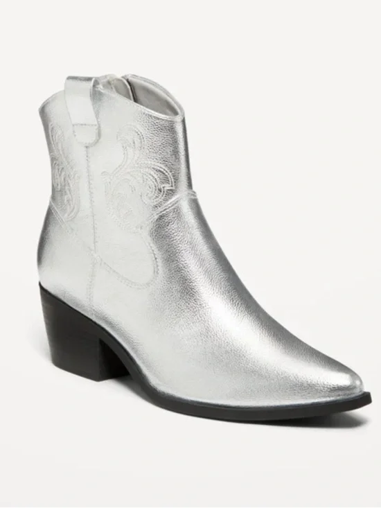 Silver Metallic ankle western cowboy boots pointed toe heeled bootie 7