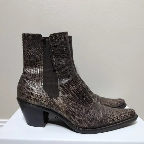 Leather Embossed Pointed Toe Ankle Boots