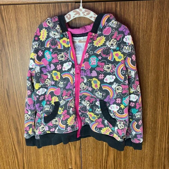 Disney Store Hoodie Kids Size 3 Gray Minnie Mouse Figaro Rainbow Zip Sweatshirt
