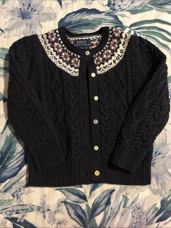 Polo by Ralph Lauren Navy Cable Knit Cardigan with Multicolor Fair Isle Yoke
