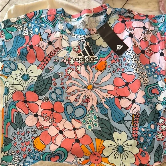 adidas Floral Graphic Tee - Coral, Teal, Blue, Yellow