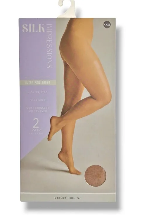 Silk Impressions Pantyhose 2 Pack XXXL Rich Tan 15 Denier Ultra Fine Sheer