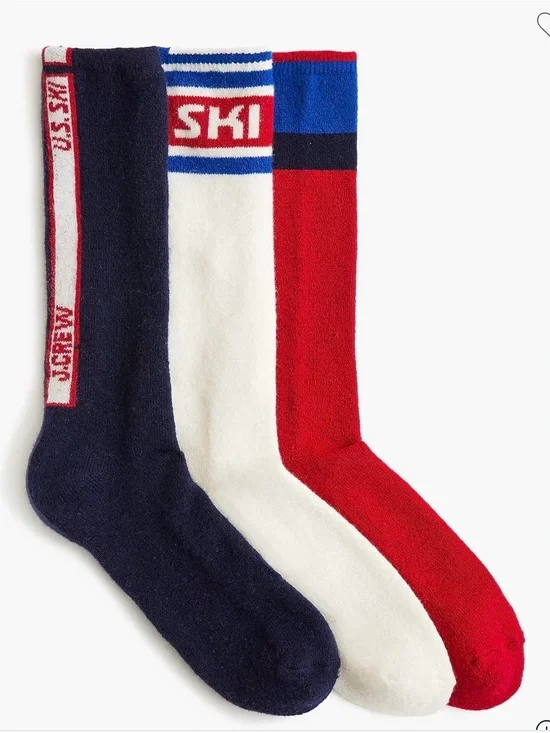 J. Crew 3-Pack Cozy Ski Crew Socks - Navy, White & Red snowboard