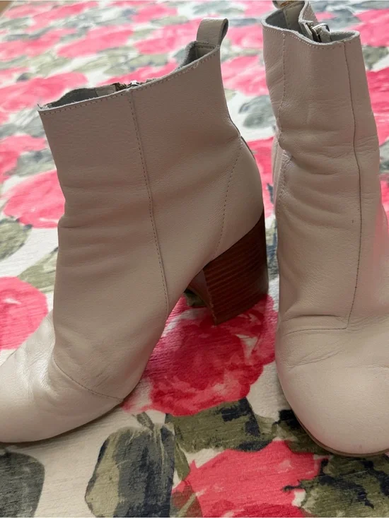 Women's Cream Leather Ankle Boots with Stacked Heel