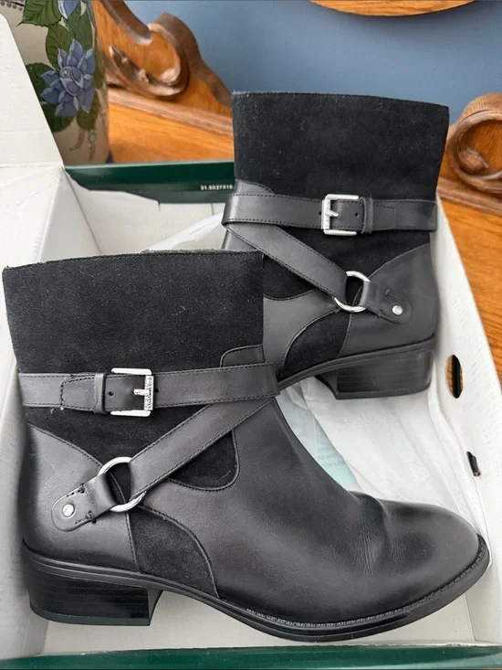 Lauren Ralph Lauren Black Leather & Suede Buckle Ankle Boots