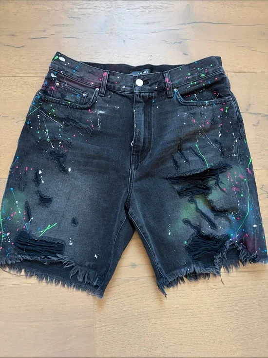 AMIRI Black Distressed Paint-Splatter Denim Shorts