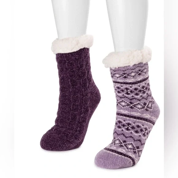 2 Muk Luk purple chenille faux fur lined textured non slip mid-calf height socks