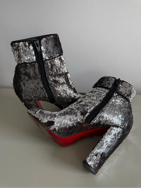 Christian Louboutin Silver Sequin Platform Ankle Boots