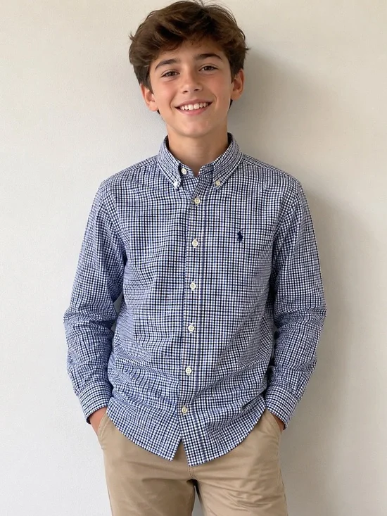 Ralph Lauren Boys Blue White Gingham Plaid Button Down Shirt M 10-12