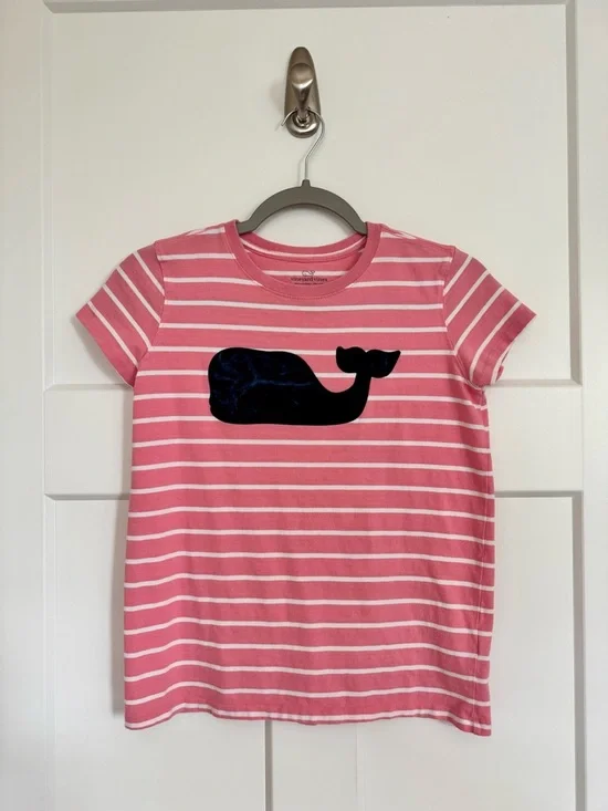 Vineyard Vines Pink White Striped Short Sleeve T-Shirt Navy Velvet Whale Size L
