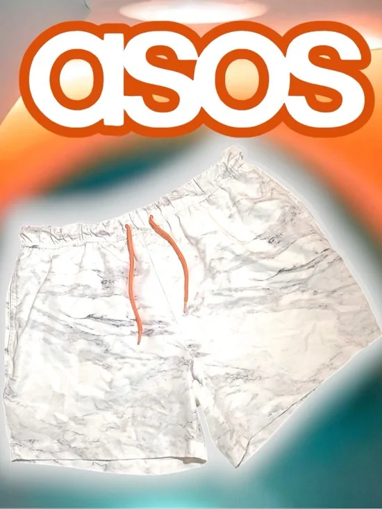 EUC ASOS Swim Shorts White Gray Marble Pattern Orange Drawstring Sz Md Lng