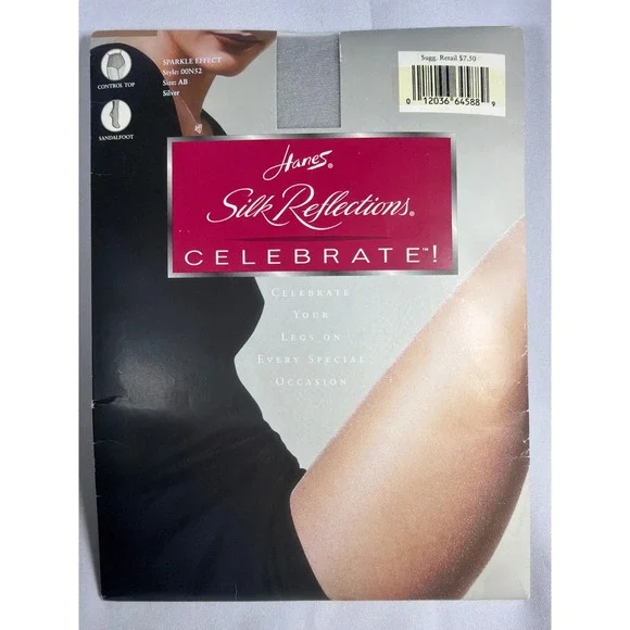 Hanes Silk Reflections Celebrate Sparkle Tights Women AB Silver Sandalfoot VTG