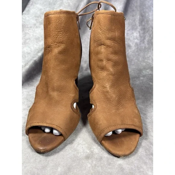Gianni Bini Brown Leather Lace Up Peep Toe Wedge Booties Women's 9.5M