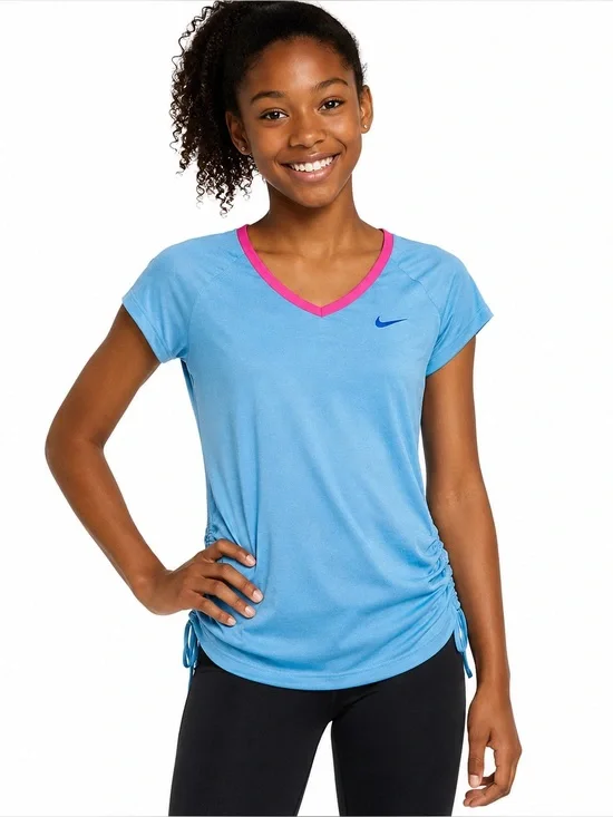 Nike Dri-FIT Girls Large Blue Athletic Training Top Ruched Workout Shirt