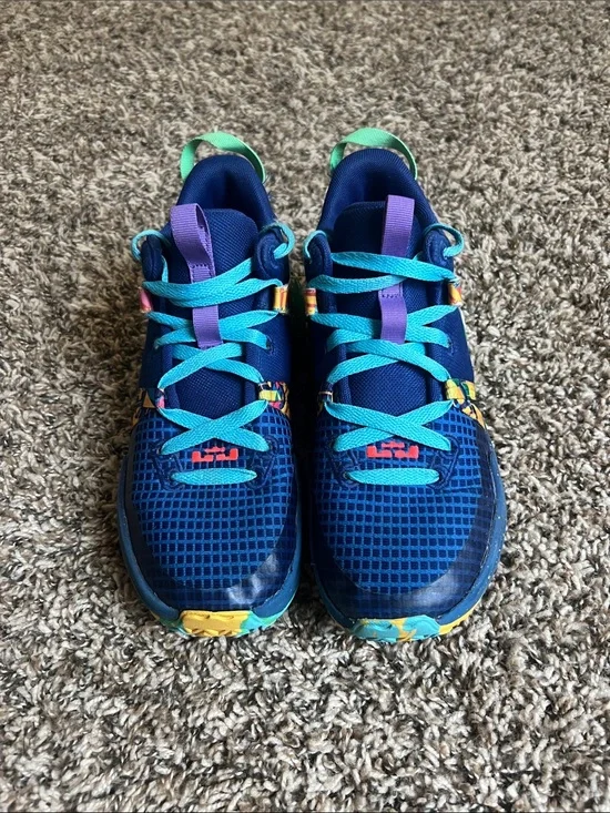 Nike LeBron Kids Navy Blue Sneakers with Teal and Purple Accents