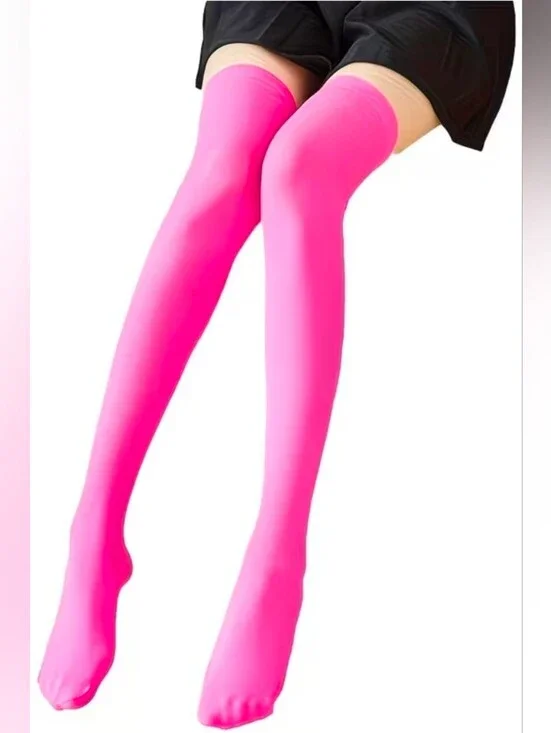1pair Neon Pink Over-the-Knee Opaque Stretch Stockings
