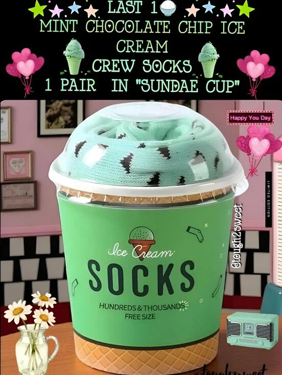 🆕️LAST 1🎉MINT CHOCOLATE CHIP ICE CREAM CREW SOCKS 1 PAIR  IN 