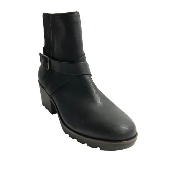 New Sorel Cate Waterproof Leather Boots Harness Buckle Zip Black 7.5
