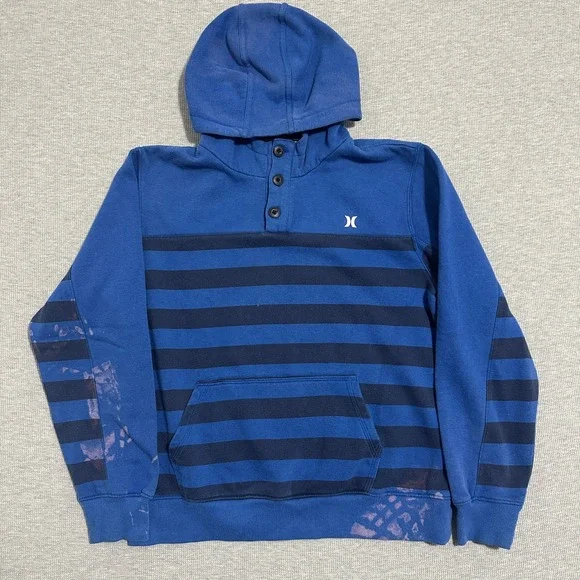 Hurley Boys Youth Size XL 13-15Y Blue Striped Henley Pullover Hoodie Sweatshirt