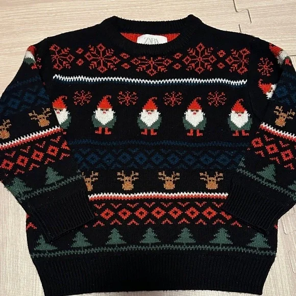 Zara Black Sweater with Gnome and Reindeer Pattern