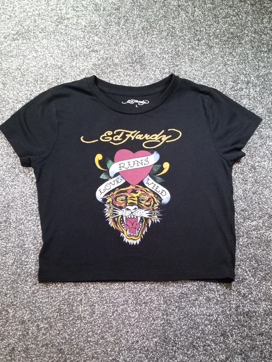 Ed Hardy Black Kids Short Sleeve Tee with Tiger & Heart Graphic