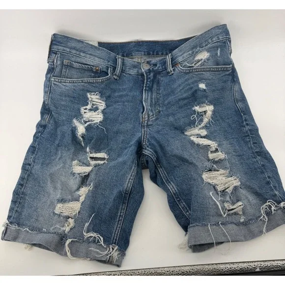 H&M Mens Regular Fit Distressed Denim Shorts Blue Ripped Raw Hem Size 32