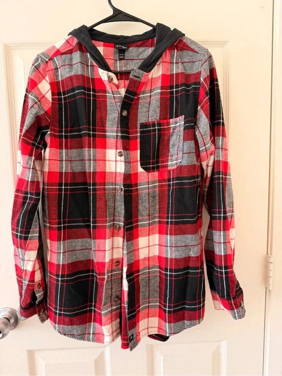 art class Red Black Gray Plaid Hooded Flannel Shirt