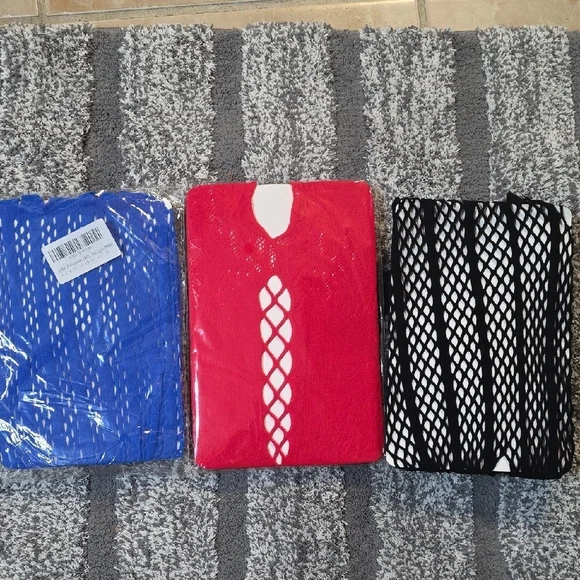 Set of Three Fishnet Tights in Blue, Red, and Black