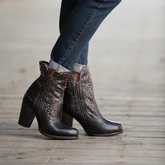 Bed Stu Irma Boots Women’s Graphite Leather Laser Cut Heeled Booties NWT Size 10