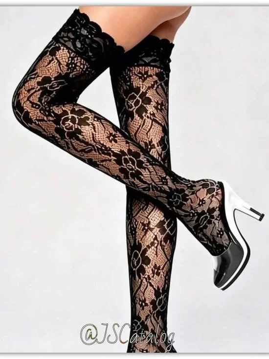 JSCatalog Black Floral Lace Thigh-High Stockings