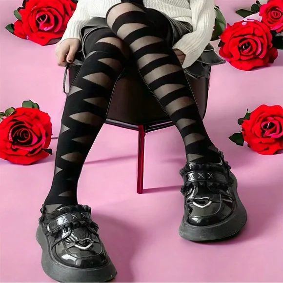 Thin‎ Strappy Pattern Pantyhose, Comfy Smooth Slim Footed Pantyhose One Size