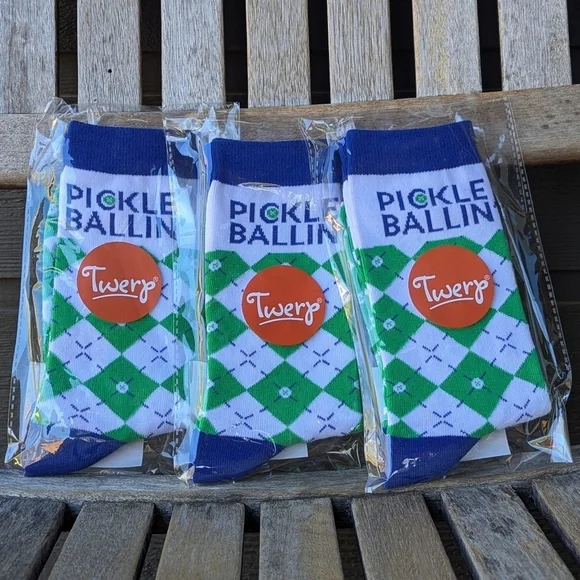 NWT Twerp Pickle Ballin' Argyle Midcalf Novelty Socks 3 Pair Green Blue White