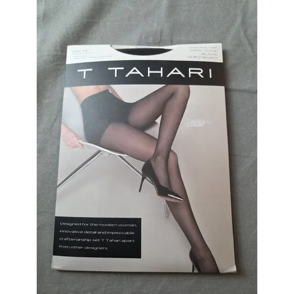 New T Tahari Smooth Sheer Control Top Pantyhose M/L‎ Nude Nylon Spandex Black