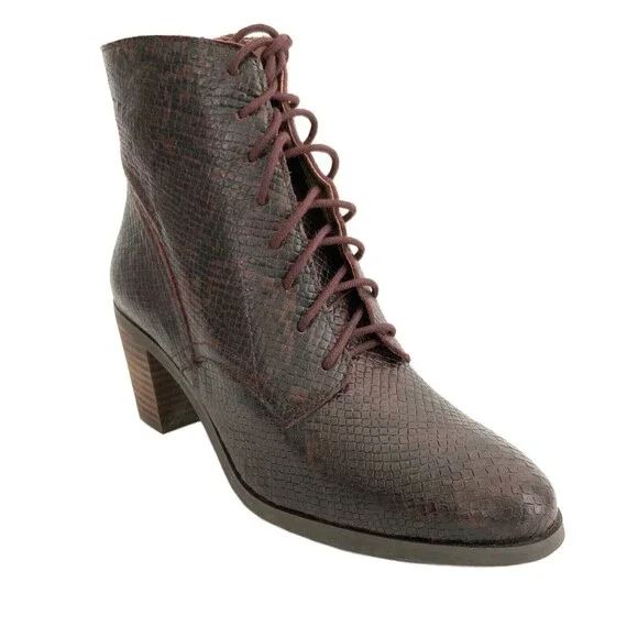 Lucky Brand Leather Persee Snake Print Lace Up Boots Burgundy 6.5