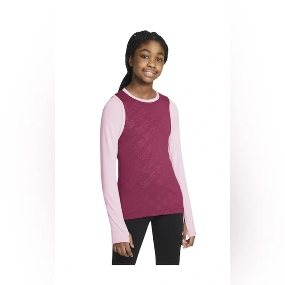 Nike Pro Girls' Dri-FIT RUSH‎ MAROON/PINK FOAM long sleeve Warm Top size large
