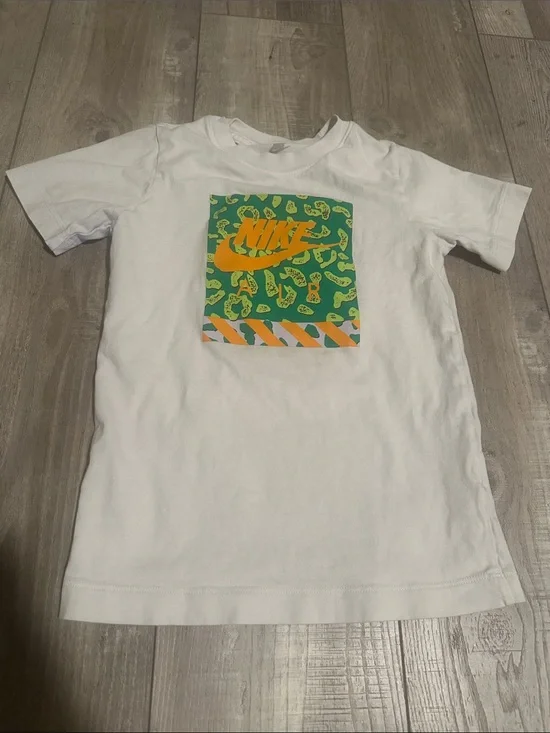 Nike White Short Sleeve Tee with Green & Orange Graphic Panel
