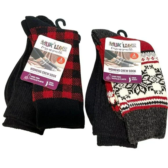 Muk Luks Womens Crew Socks Buffalo Plaid Recycled 2 Pair Pack New